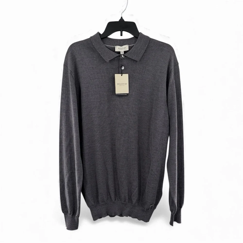 Bugatchi 100% Super Merino Wool Long Sleeve Polo Sweater Men Size 2XL Anthracite